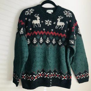 L.L.Bean Green Nordic Wool Reindeer Sweater Size M